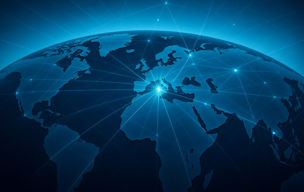 Mapa mundial con líneas de conexión representando red logística internacional